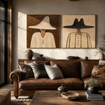 Neutral Brims Keep Company - neutral cowboy portrait by Elliot Vale, modern figurative set of 2 wall art - styled room scene view 4