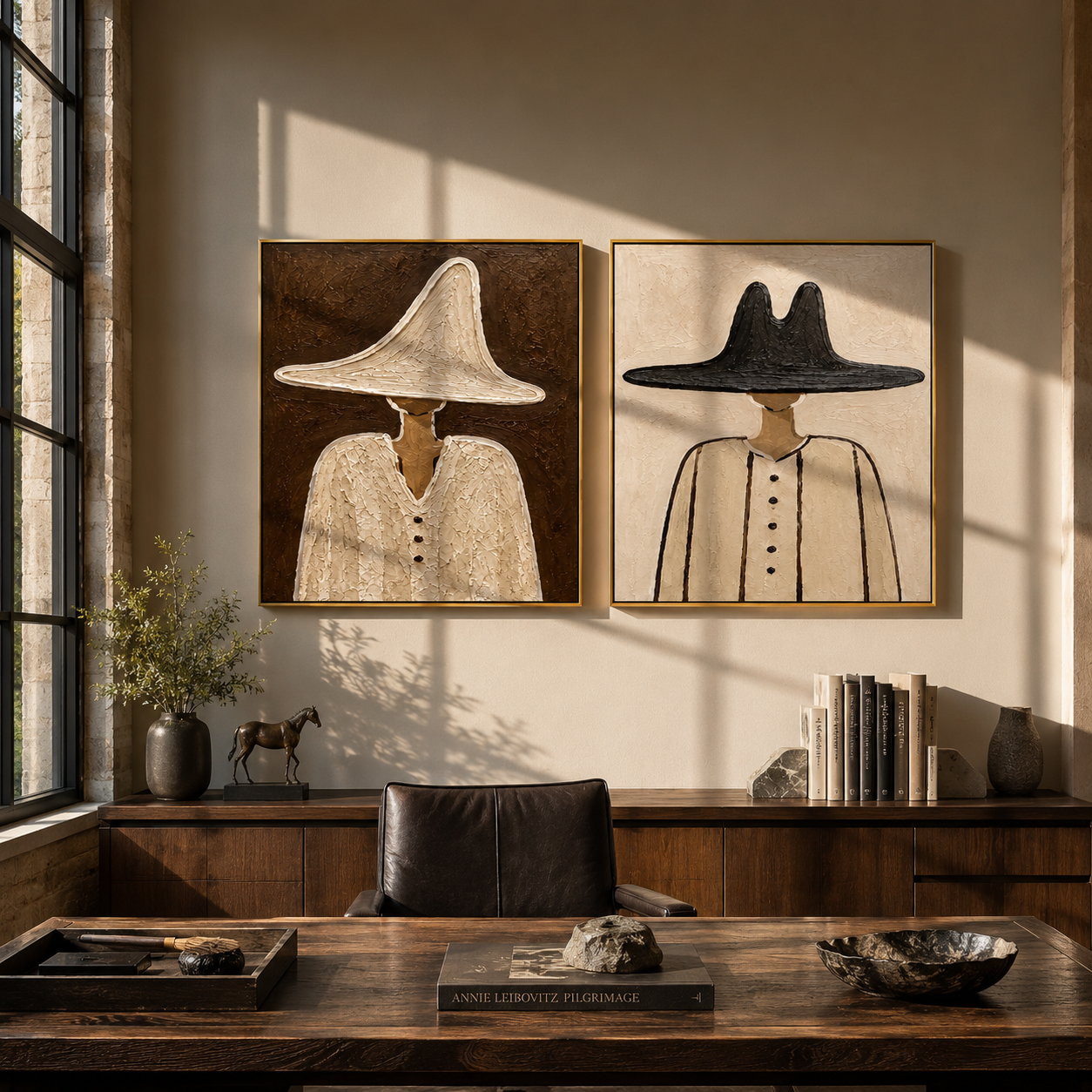 Neutral Brims Keep Company - neutral cowboy portrait by Elliot Vale, modern figurative set of 2 wall art - styled room scene view 5