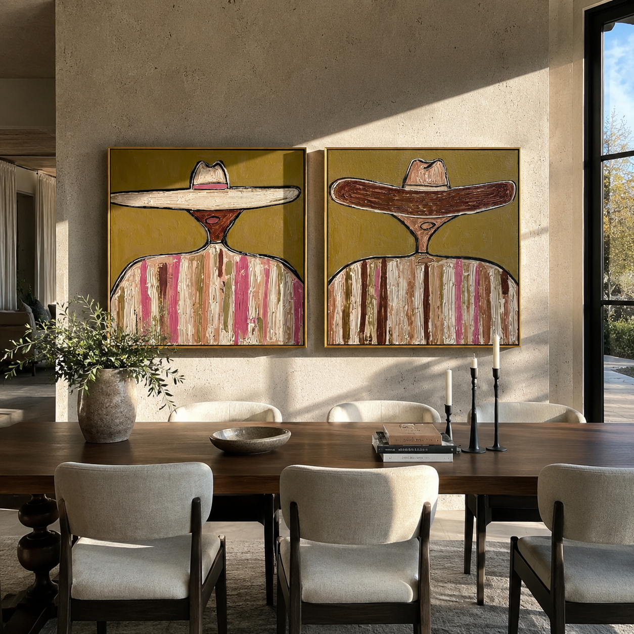 Sombreros Lean Across Earth - earth toned sombrero pair by Elliot Vale, modern figurative set of 2 wall art - styled room scene view 1