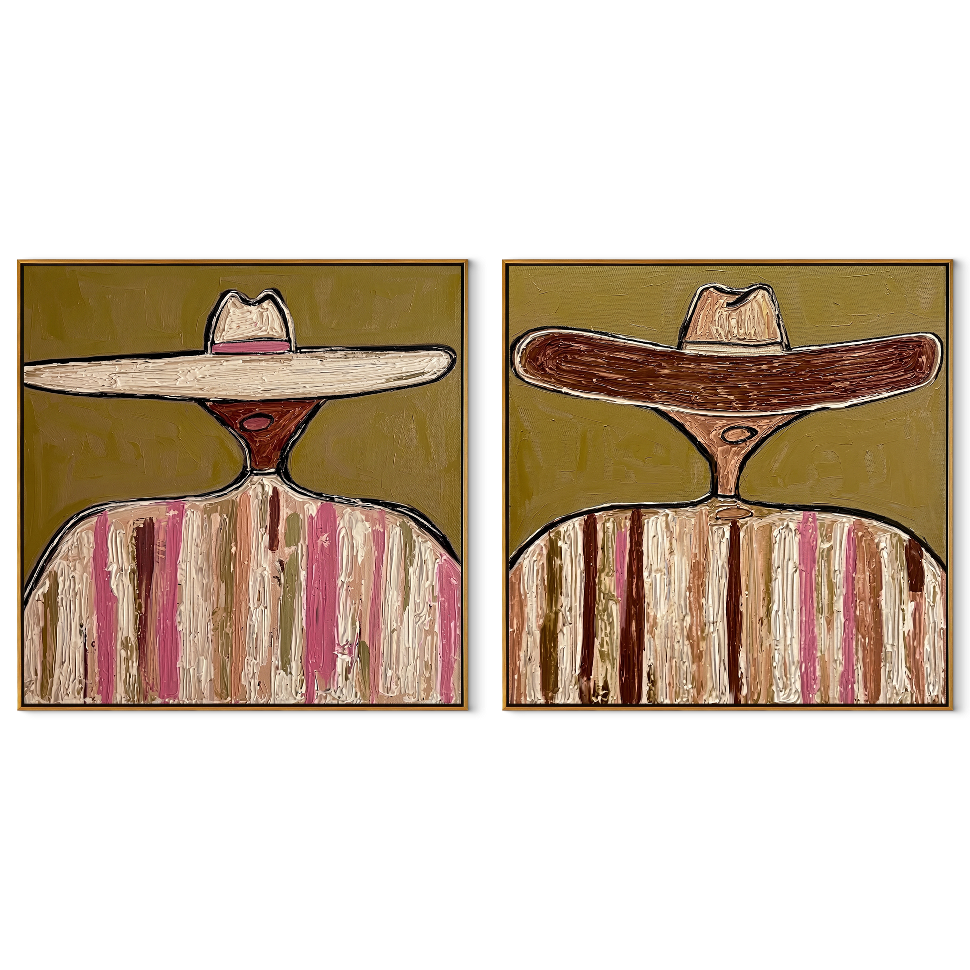 Sombreros Lean Across Earth - earth toned sombrero pair by Elliot Vale, modern figurative set of 2 wall art - complete two-panel artwork set on white background