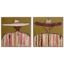 Sombreros Lean Across Earth - earth toned sombrero pair by Elliot Vale, modern figurative set of 2 wall art - complete two-panel artwork set on white background