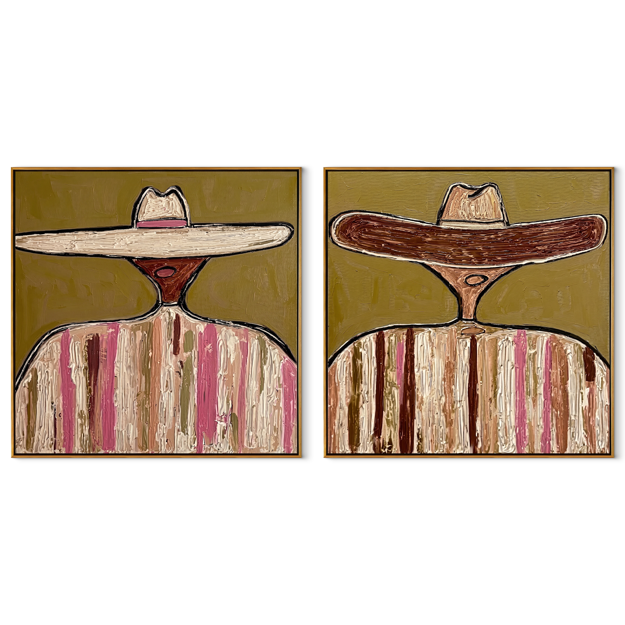 Sombreros Lean Across Earth - earth toned sombrero pair by Elliot Vale, modern figurative set of 2 wall art - complete two-panel artwork set on white background