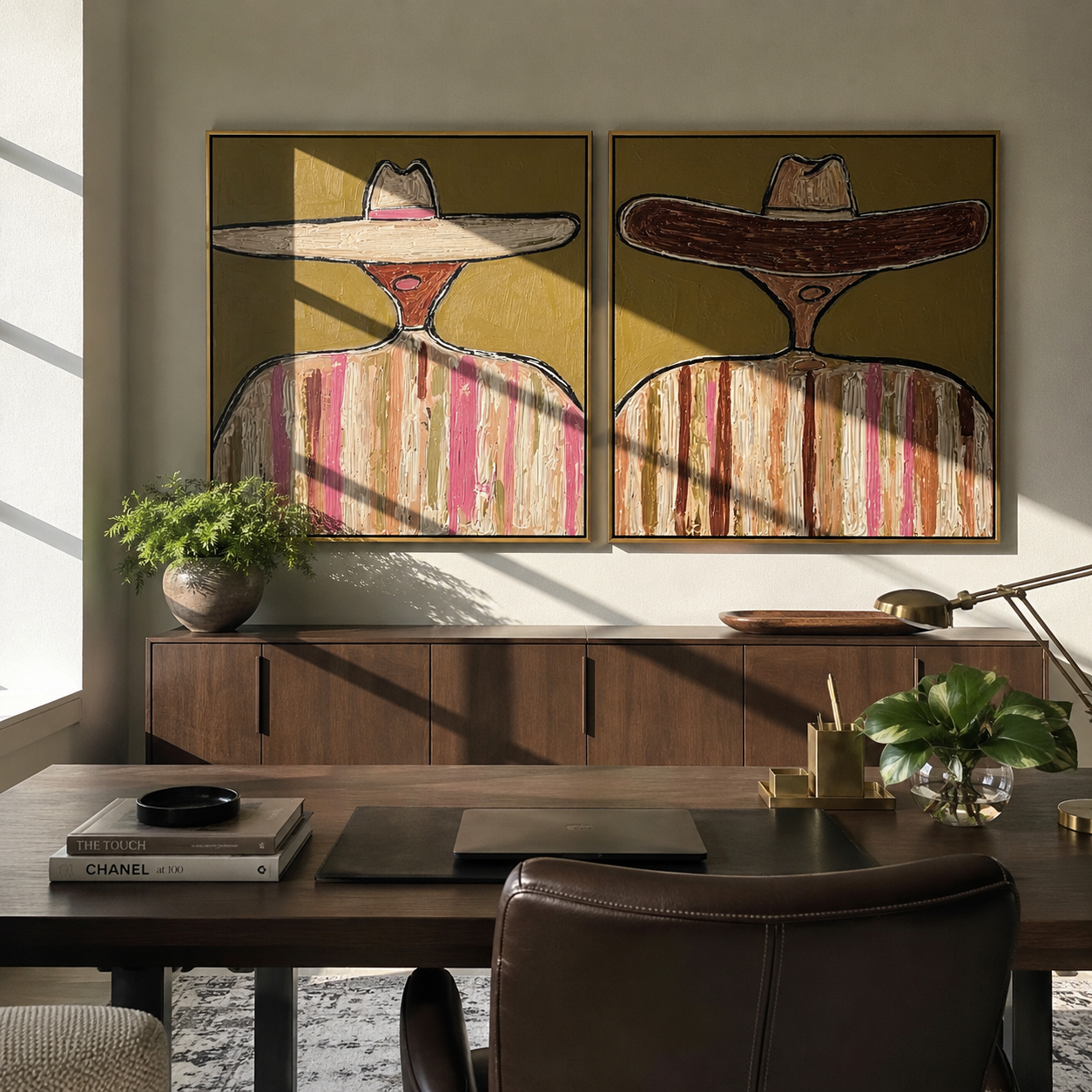 Sombreros Lean Across Earth - earth toned sombrero pair by Elliot Vale, modern figurative set of 2 wall art - styled room scene view 2