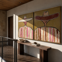 Sombreros Lean Across Earth - earth toned sombrero pair by Elliot Vale, modern figurative set of 2 wall art - styled room scene view 4
