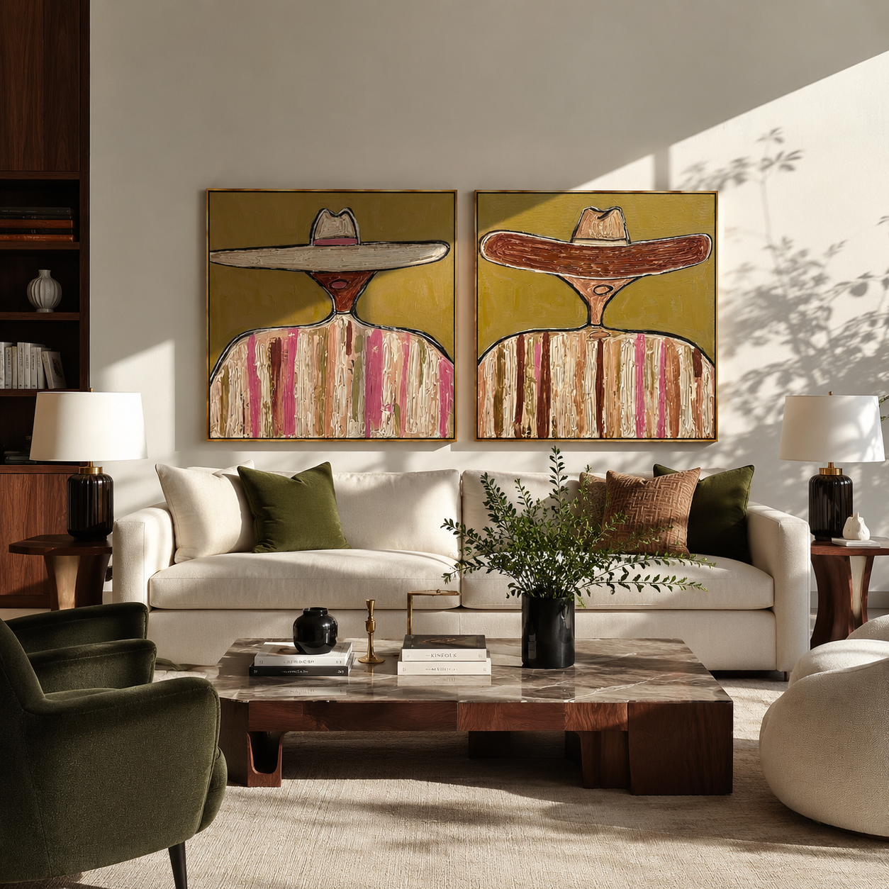 Sombreros Lean Across Earth - earth toned sombrero pair by Elliot Vale, modern figurative set of 2 wall art - styled room scene view 5