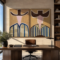 Abstract Faces Share Blue - geometric hat portrait by Elliot Vale, modern figurative set of 2 wall art - styled room scene view 1