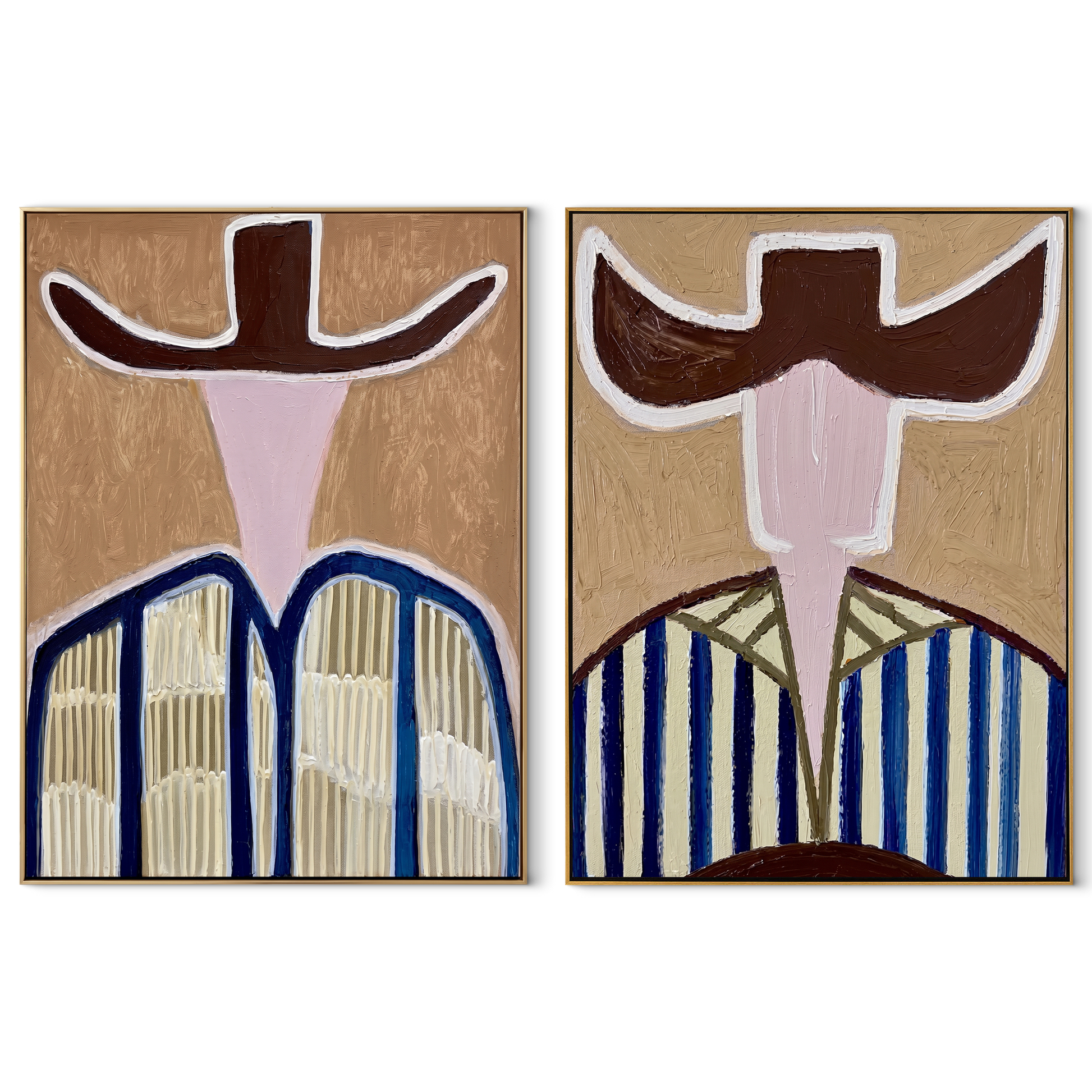 Abstract Faces Share Blue - geometric hat portrait by Elliot Vale, modern figurative set of 2 wall art - complete two-panel artwork set on white background