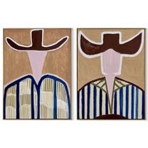 Abstract Faces Share Blue - geometric hat portrait by Elliot Vale, modern figurative set of 2 wall art - complete two-panel artwork set on white background