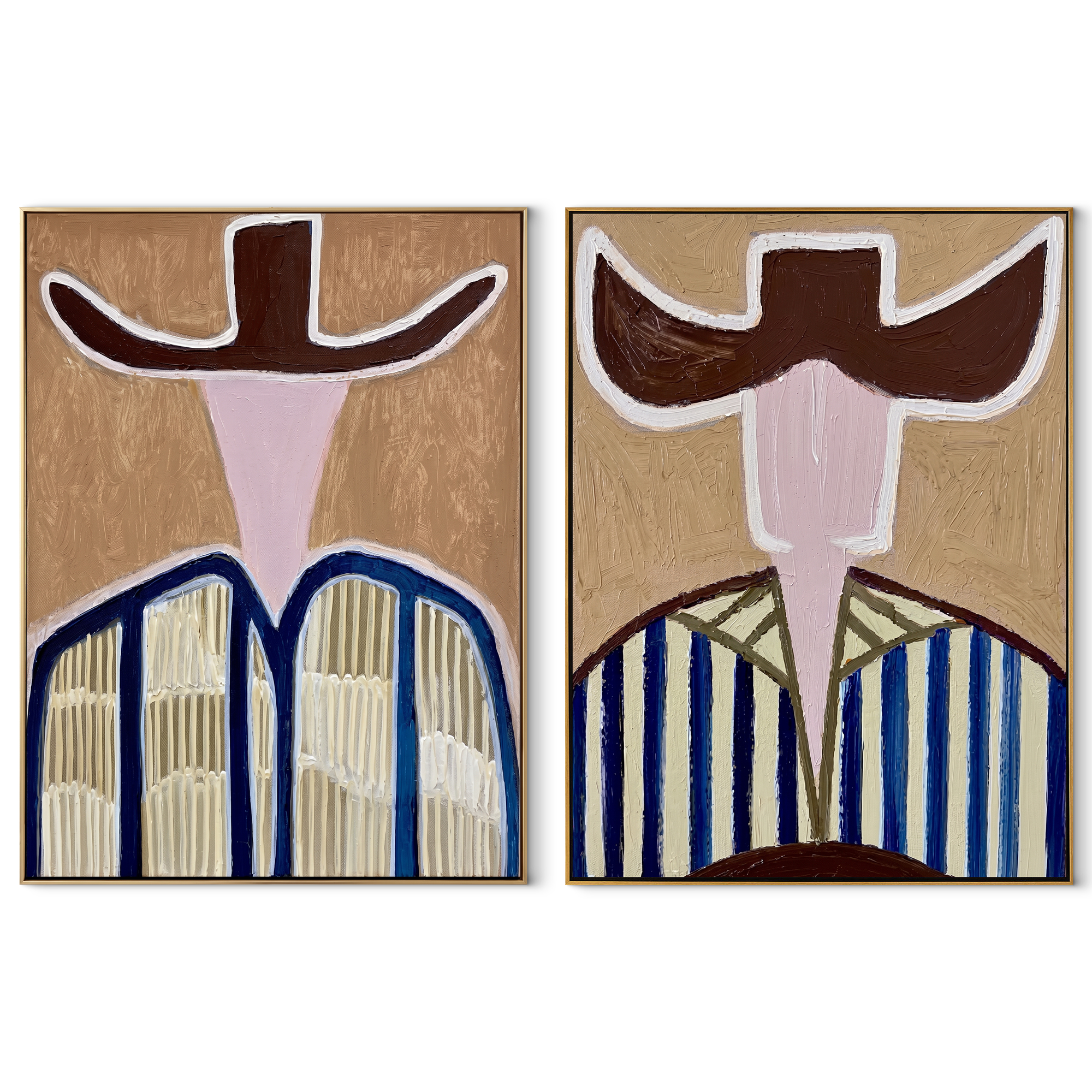 Abstract Faces Share Blue - geometric hat portrait by Elliot Vale, modern figurative set of 2 wall art - complete two-panel artwork set on white background