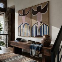 Abstract Faces Share Blue - geometric hat portrait by Elliot Vale, modern figurative set of 2 wall art - styled room scene view 3