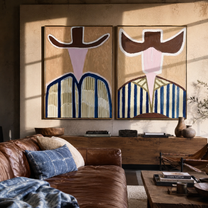 Abstract Faces Share Blue - geometric hat portrait by Elliot Vale, modern figurative set of 2 wall art - styled room scene view 4