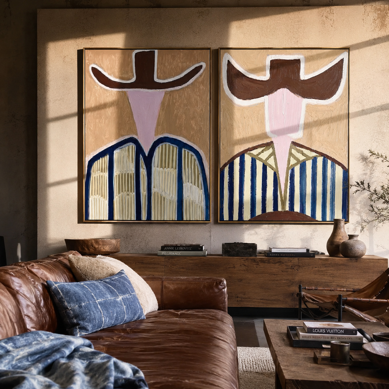Abstract Faces Share Blue - geometric hat portrait by Elliot Vale, modern figurative set of 2 wall art - styled room scene view 4