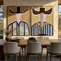 Abstract Faces Share Blue - geometric hat portrait by Elliot Vale, modern figurative set of 2 wall art - styled room scene view 5