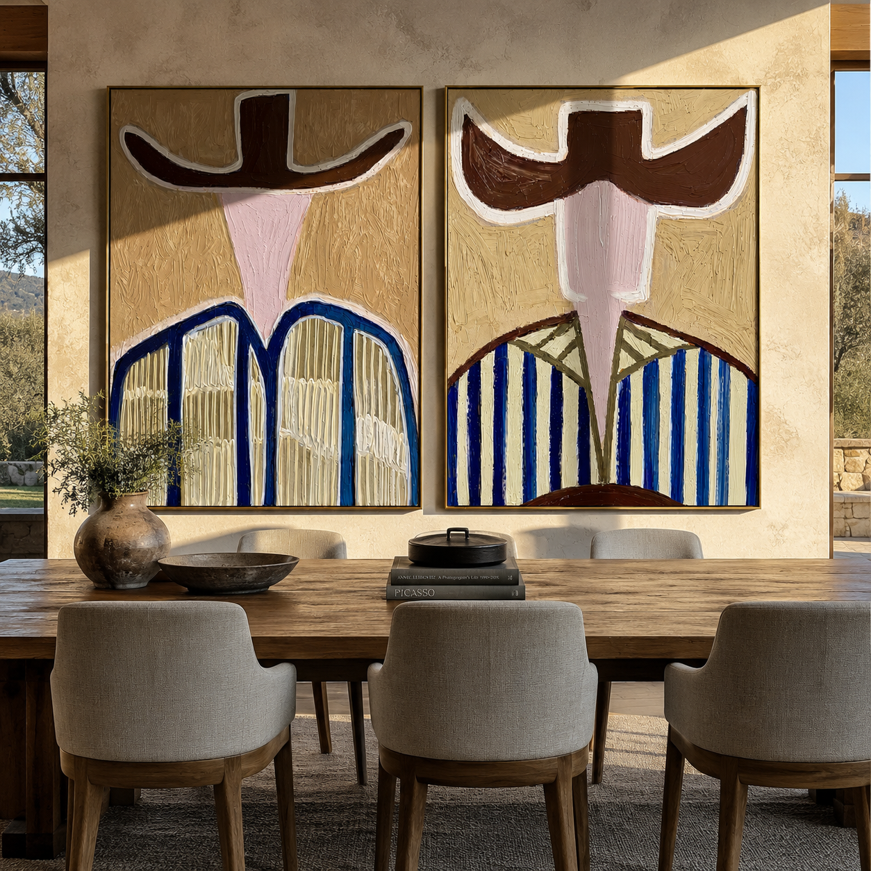 Abstract Faces Share Blue - geometric hat portrait by Elliot Vale, modern figurative set of 2 wall art - styled room scene view 5