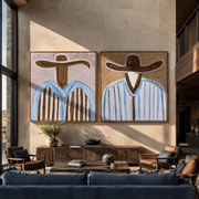 Brown Brims Divide Sky - blue striped cowboy by Elliot Vale, modern figurative set of 2 wall art - styled room scene view 1