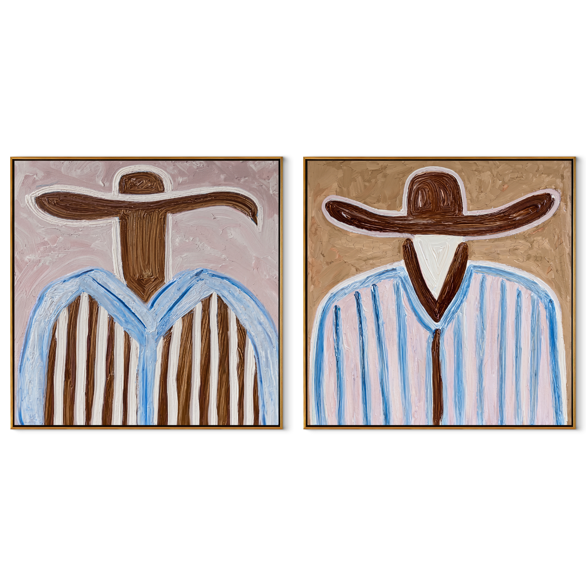 Brown Brims Divide Sky - blue striped cowboy by Elliot Vale, modern figurative set of 2 wall art - complete two-panel artwork set on white background