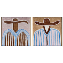 Brown Brims Divide Sky - blue striped cowboy by Elliot Vale, modern figurative set of 2 wall art - complete two-panel artwork set on white background