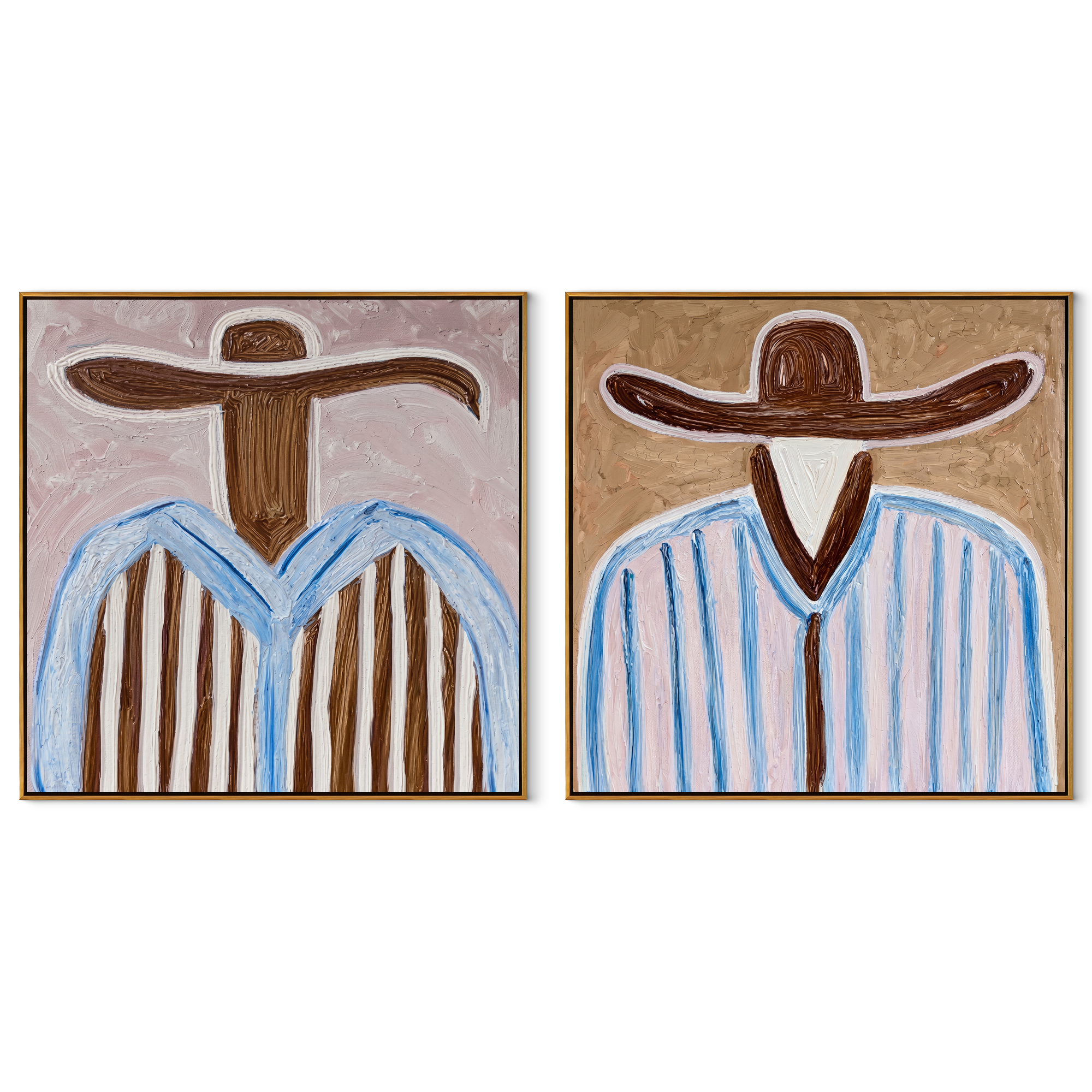 Brown Brims Divide Sky - blue striped cowboy by Elliot Vale, modern figurative set of 2 wall art - complete two-panel artwork set on white background