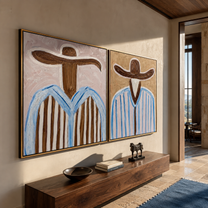 Brown Brims Divide Sky - blue striped cowboy by Elliot Vale, modern figurative set of 2 wall art - styled room scene view 2
