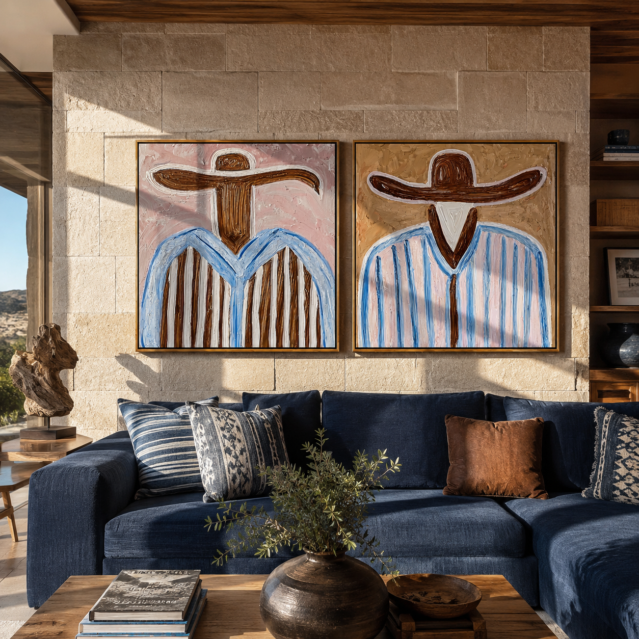 Brown Brims Divide Sky - blue striped cowboy by Elliot Vale, modern figurative set of 2 wall art - styled room scene view 3