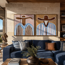 Brown Brims Divide Sky - blue striped cowboy by Elliot Vale, modern figurative set of 2 wall art - styled room scene view 3