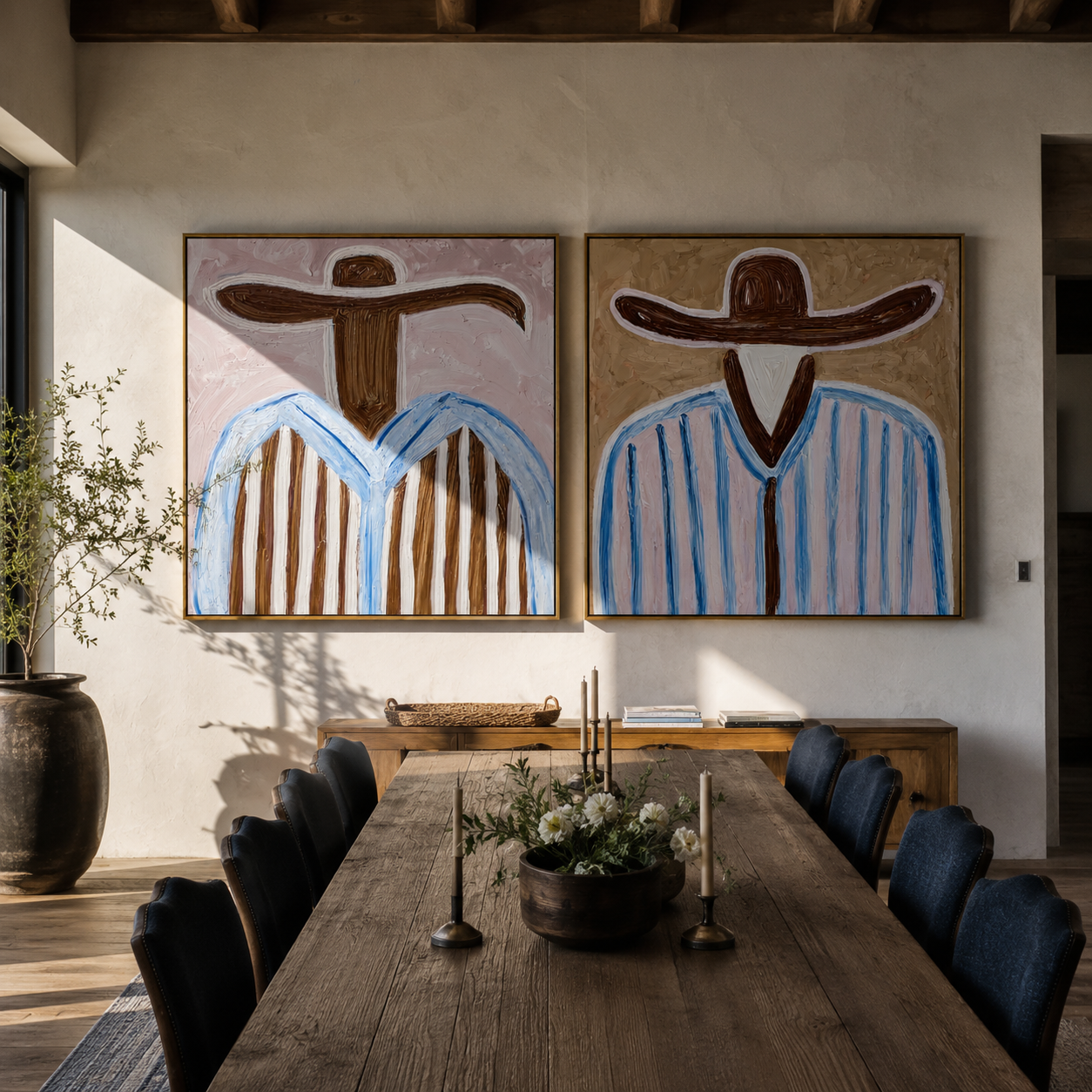 Brown Brims Divide Sky - blue striped cowboy by Elliot Vale, modern figurative set of 2 wall art - styled room scene view 4