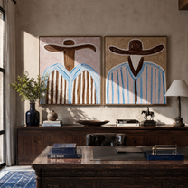 Brown Brims Divide Sky - blue striped cowboy by Elliot Vale, modern figurative set of 2 wall art - styled room scene view 5