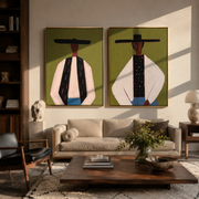 Black Hats Hold Ivory - suited Western men by Elliot Vale, modern figurative set of 2 wall art - styled room scene view 1