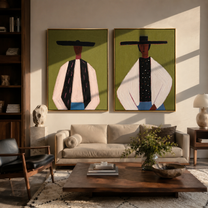 Black Hats Hold Ivory - suited Western men by Elliot Vale, modern figurative set of 2 wall art - styled room scene view 1