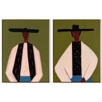 Black Hats Hold Ivory - suited Western men by Elliot Vale, modern figurative set of 2 wall art - complete two-panel artwork set on white background
