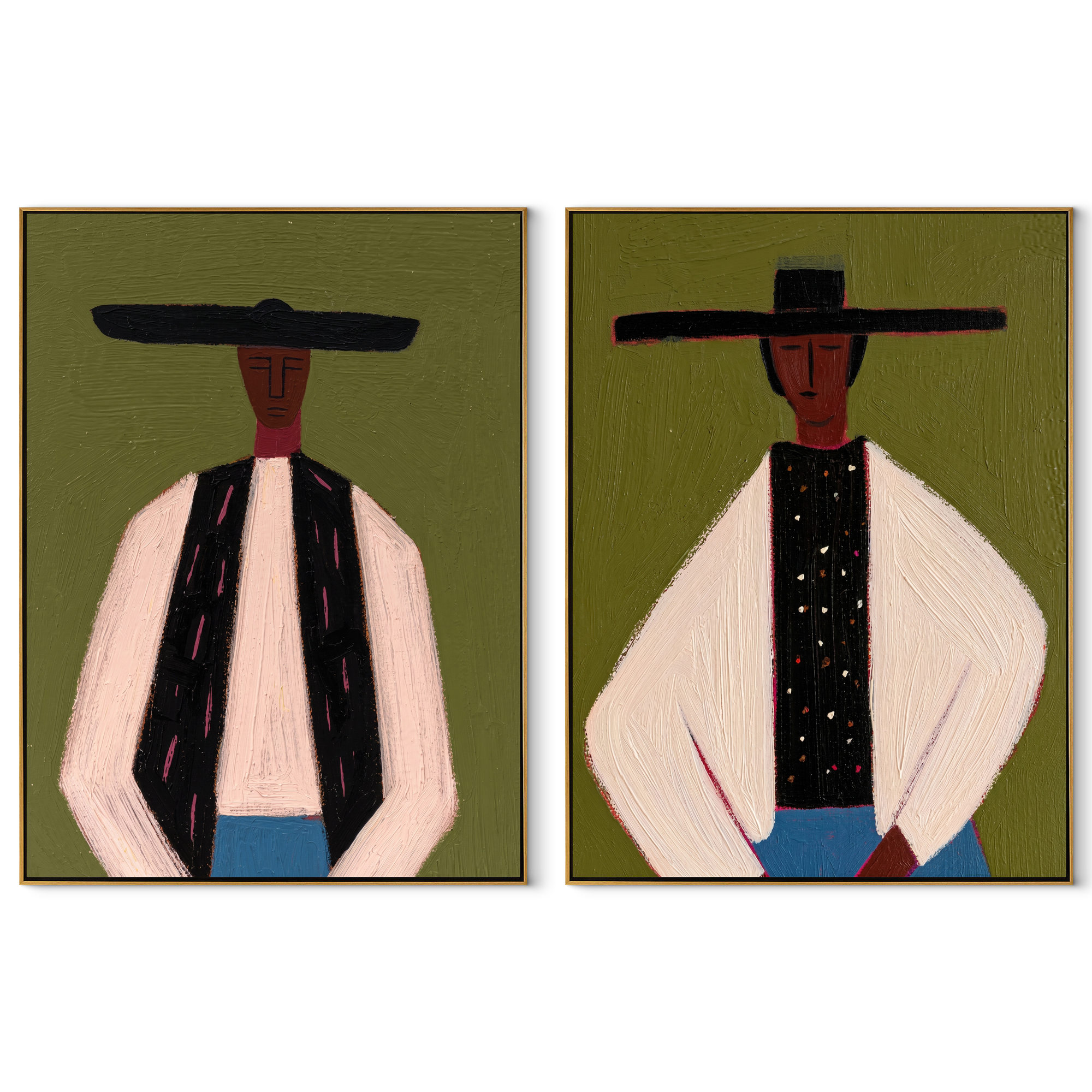 Black Hats Hold Ivory - suited Western men by Elliot Vale, modern figurative set of 2 wall art - complete two-panel artwork set on white background