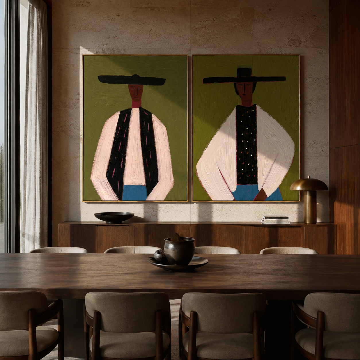 Black Hats Hold Ivory - suited Western men by Elliot Vale, modern figurative set of 2 wall art - styled room scene view 2