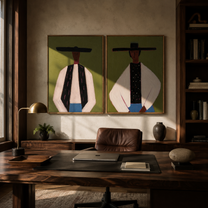 Black Hats Hold Ivory - suited Western men by Elliot Vale, modern figurative set of 2 wall art - styled room scene view 3