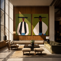 Black Hats Hold Ivory - suited Western men by Elliot Vale, modern figurative set of 2 wall art - styled room scene view 4