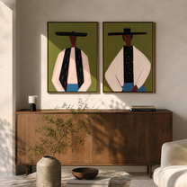 Black Hats Hold Ivory - suited Western men by Elliot Vale, modern figurative set of 2 wall art - styled room scene view 5