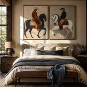 Riders Circle Pale Ground - paired horseback riders by Elliot Vale, modern figurative set of 2 wall art - styled room scene view 1