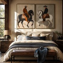 Riders Circle Pale Ground - paired horseback riders by Elliot Vale, modern figurative set of 2 wall art - styled room scene view 1