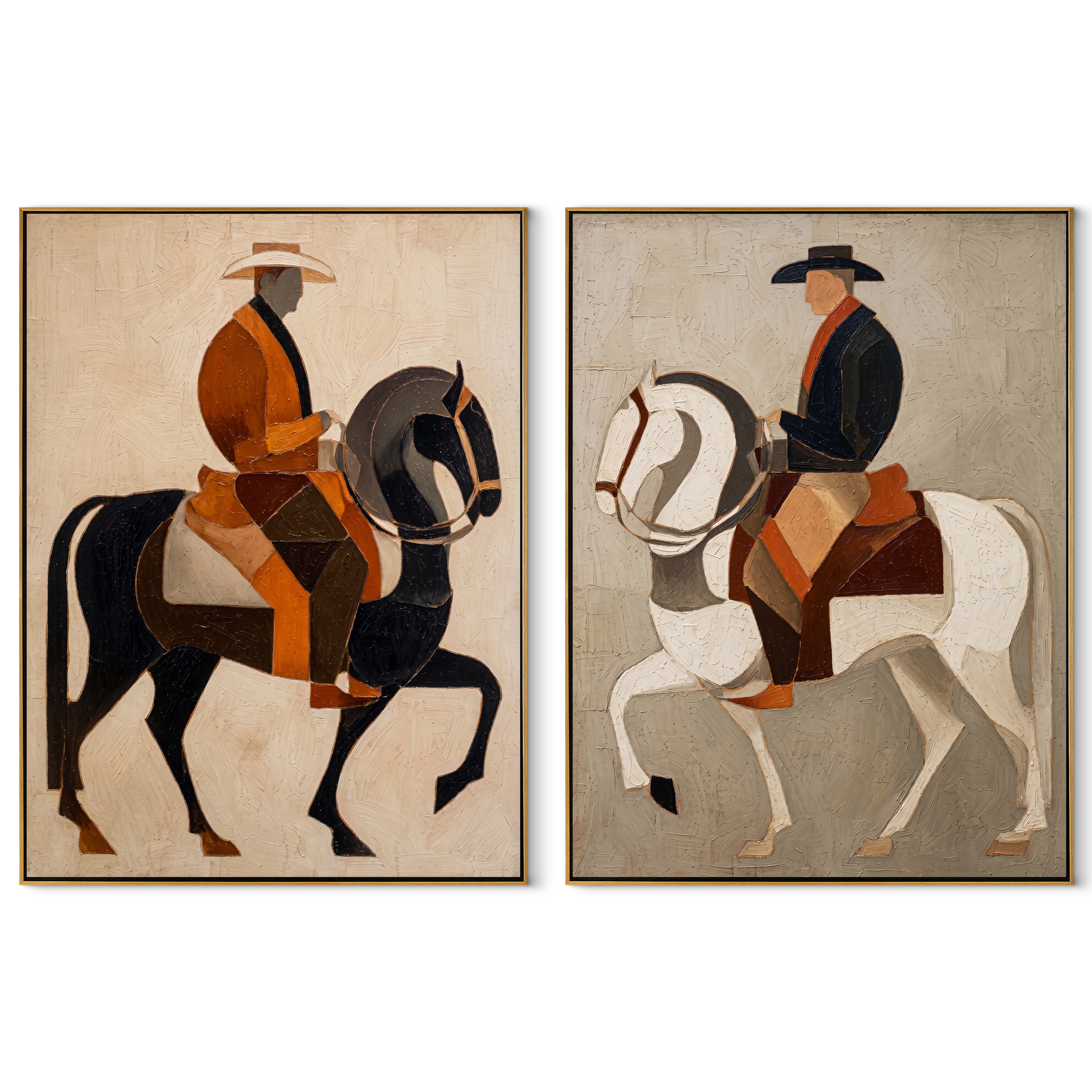 Riders Circle Pale Ground - paired horseback riders by Elliot Vale, modern figurative set of 2 wall art - complete two-panel artwork set on white background