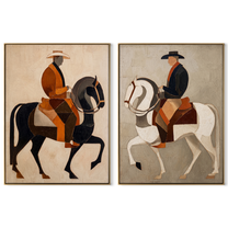Riders Circle Pale Ground - paired horseback riders by Elliot Vale, modern figurative set of 2 wall art - complete two-panel artwork set on white background