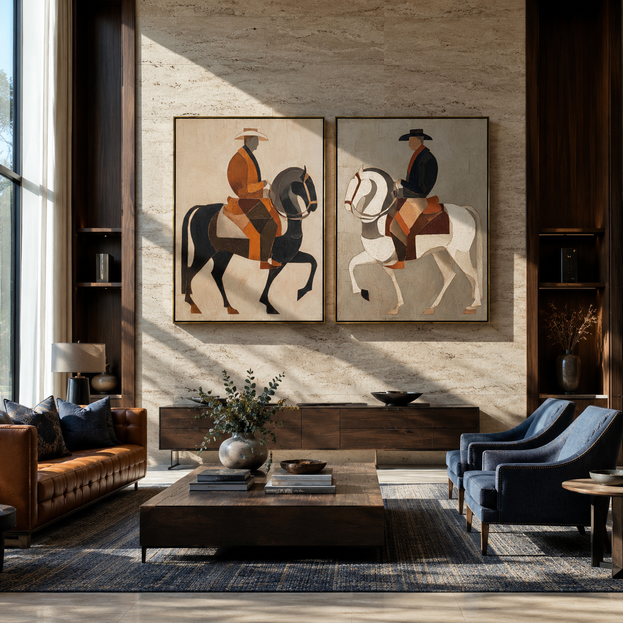 Riders Circle Pale Ground - paired horseback riders by Elliot Vale, modern figurative set of 2 wall art - styled room scene view 2