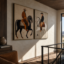 Riders Circle Pale Ground - paired horseback riders by Elliot Vale, modern figurative set of 2 wall art - styled room scene view 3