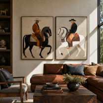 Riders Circle Pale Ground - paired horseback riders by Elliot Vale, modern figurative set of 2 wall art - styled room scene view 4