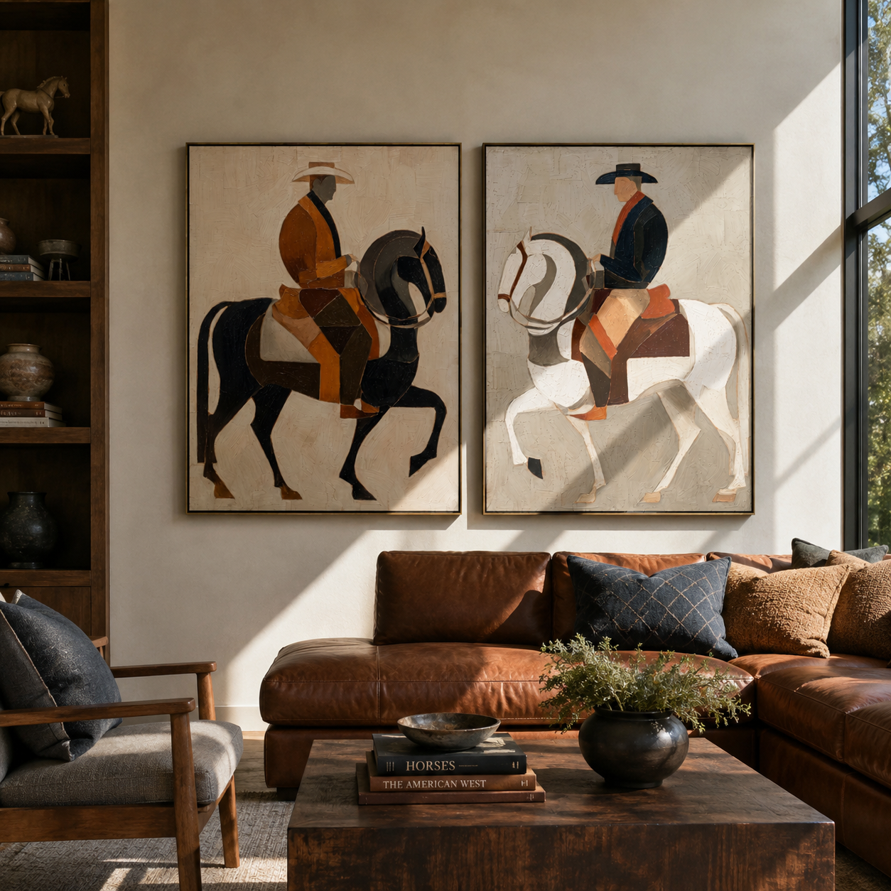 Riders Circle Pale Ground - paired horseback riders by Elliot Vale, modern figurative set of 2 wall art - styled room scene view 4