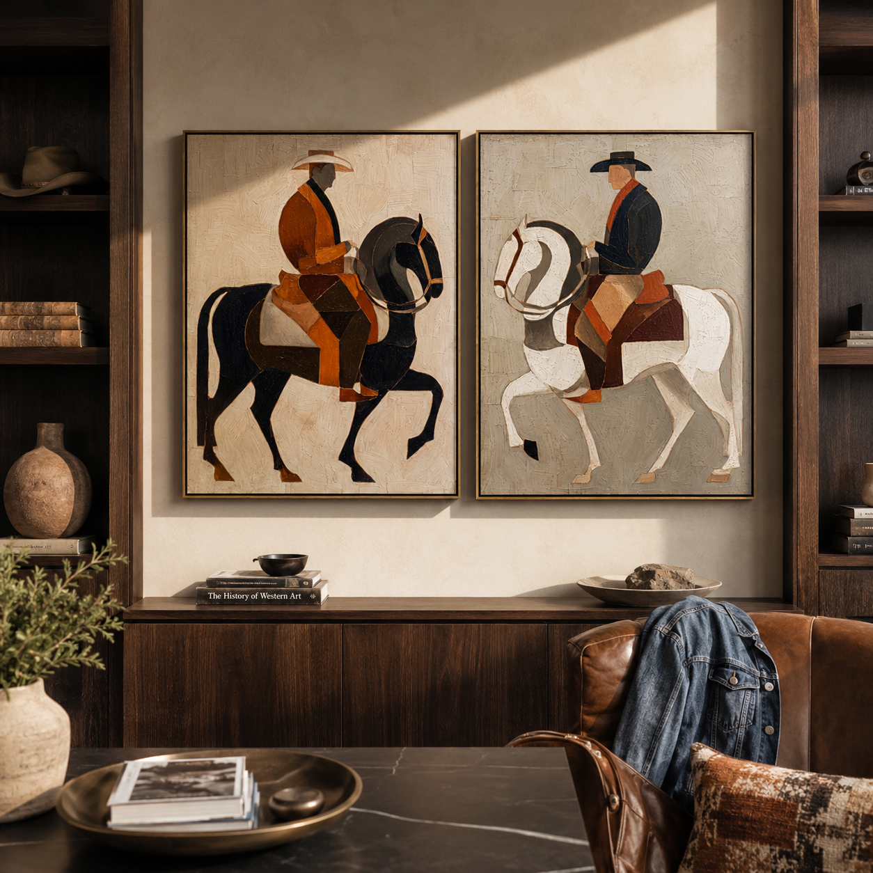 Riders Circle Pale Ground - paired horseback riders by Elliot Vale, modern figurative set of 2 wall art - styled room scene view 5