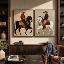 Riders Circle Pale Ground - paired horseback riders by Elliot Vale, modern figurative set of 2 wall art - styled room scene view 5