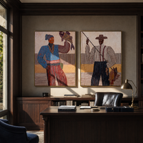 Fish Stories Cross Lines - fishing Western figures by Elliot Vale, modern figurative set of 2 wall art - styled room scene view 1