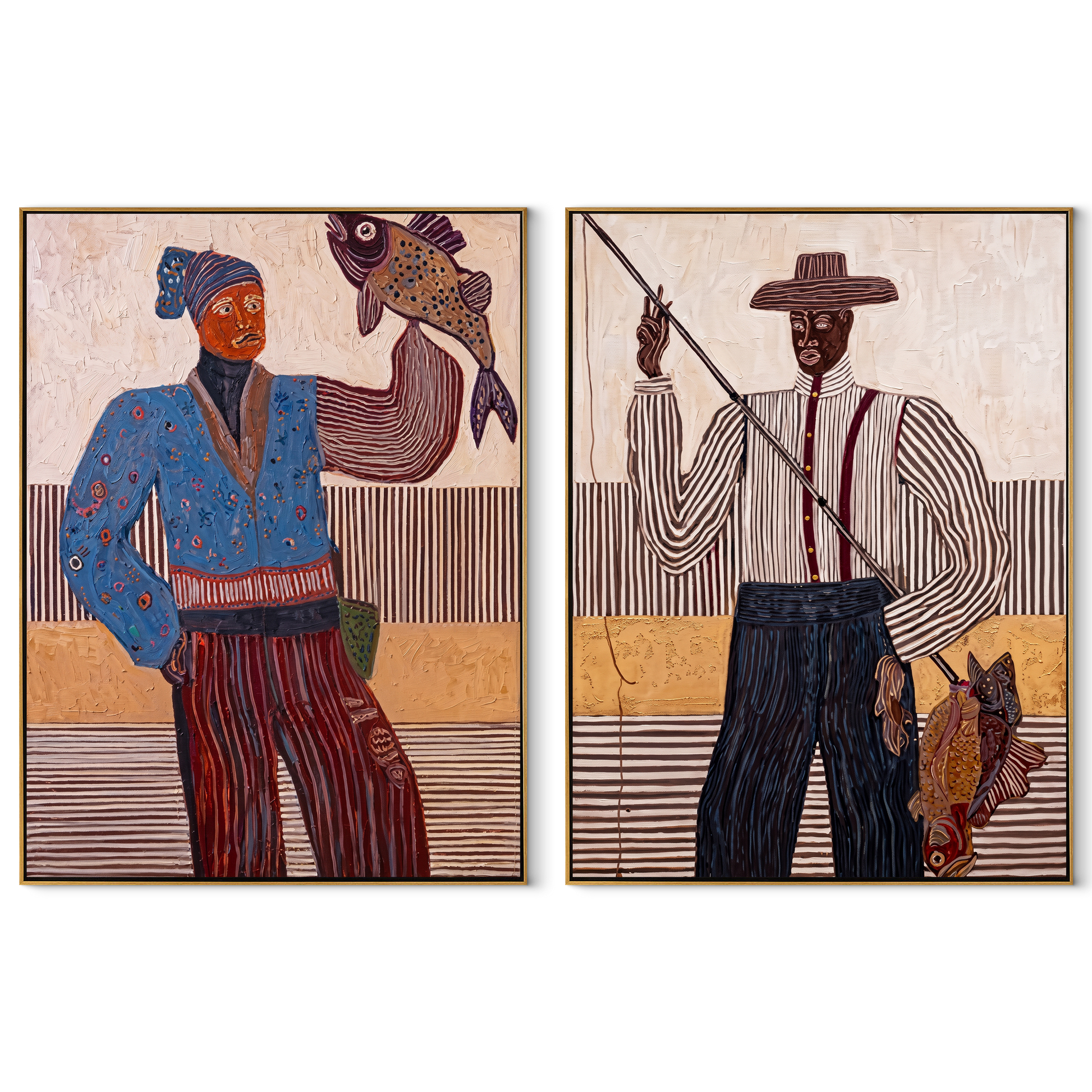 Fish Stories Cross Lines - fishing Western figures by Elliot Vale, modern figurative set of 2 wall art - complete two-panel artwork set on white background