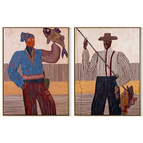 Fish Stories Cross Lines - fishing Western figures by Elliot Vale, modern figurative set of 2 wall art - complete two-panel artwork set on white background