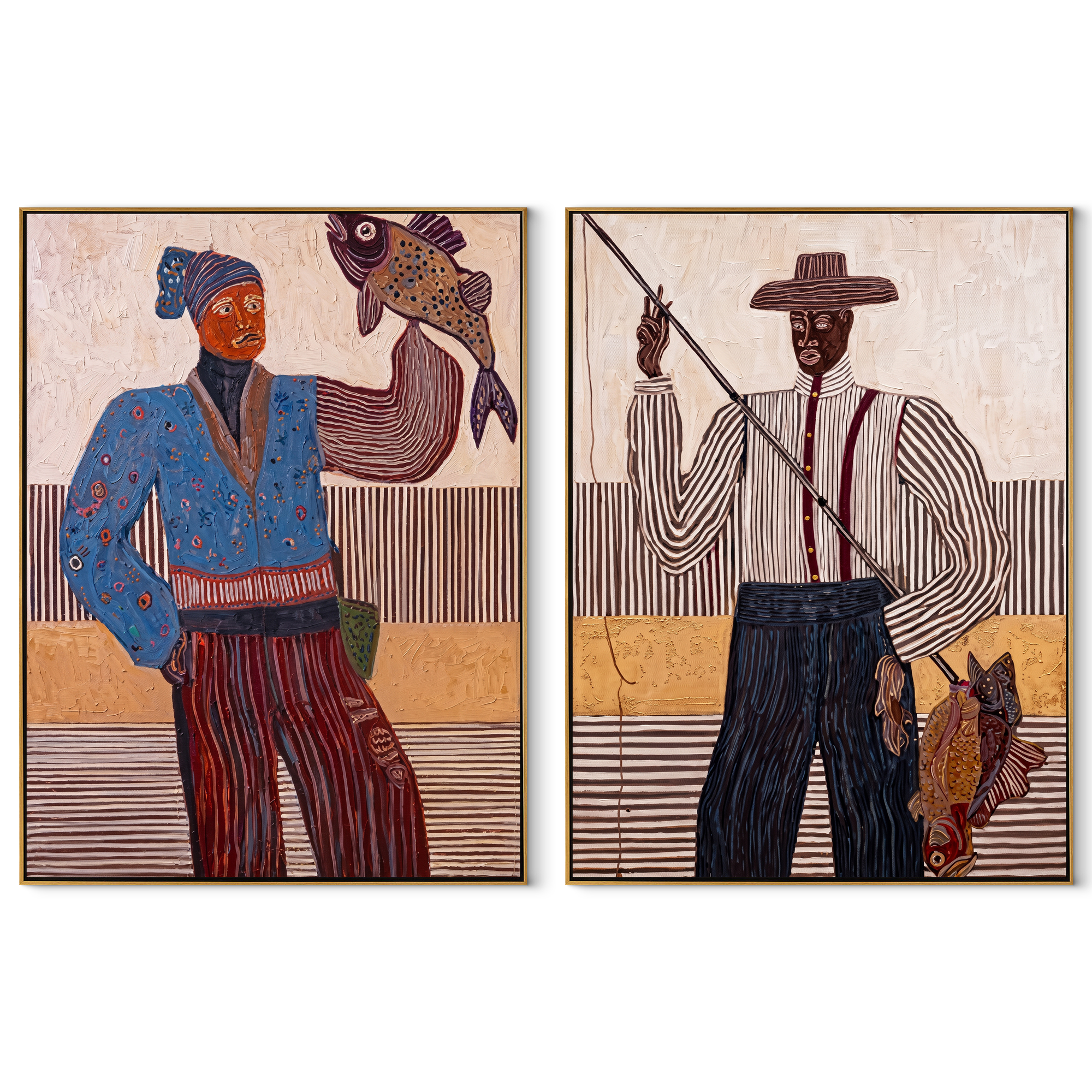 Fish Stories Cross Lines - fishing Western figures by Elliot Vale, modern figurative set of 2 wall art - complete two-panel artwork set on white background
