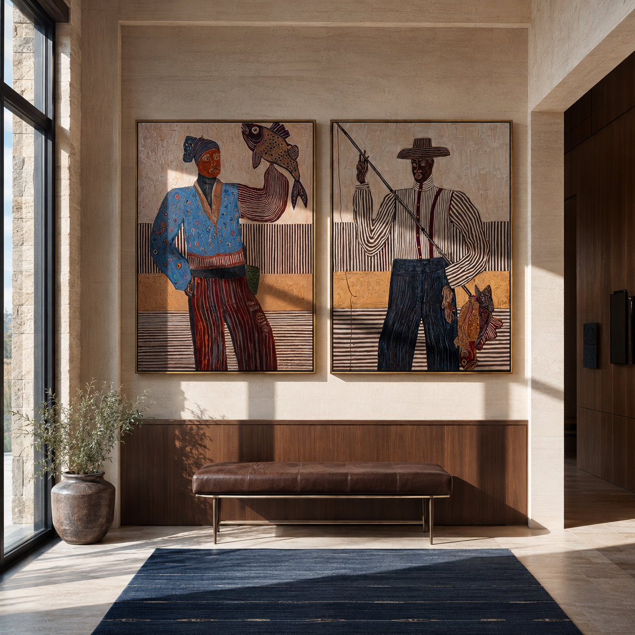 Fish Stories Cross Lines - fishing Western figures by Elliot Vale, modern figurative set of 2 wall art - styled room scene view 2